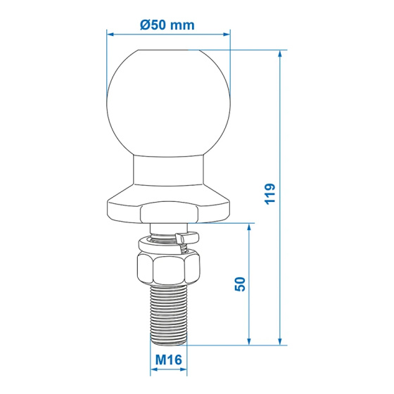 schleppkugel 50 mm Stahl gerade M16 x 55 mm silber